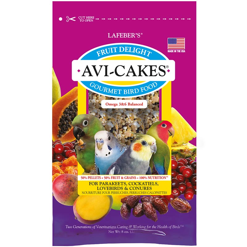 front of package of Fruit Delight Avi-Cakes for small birds